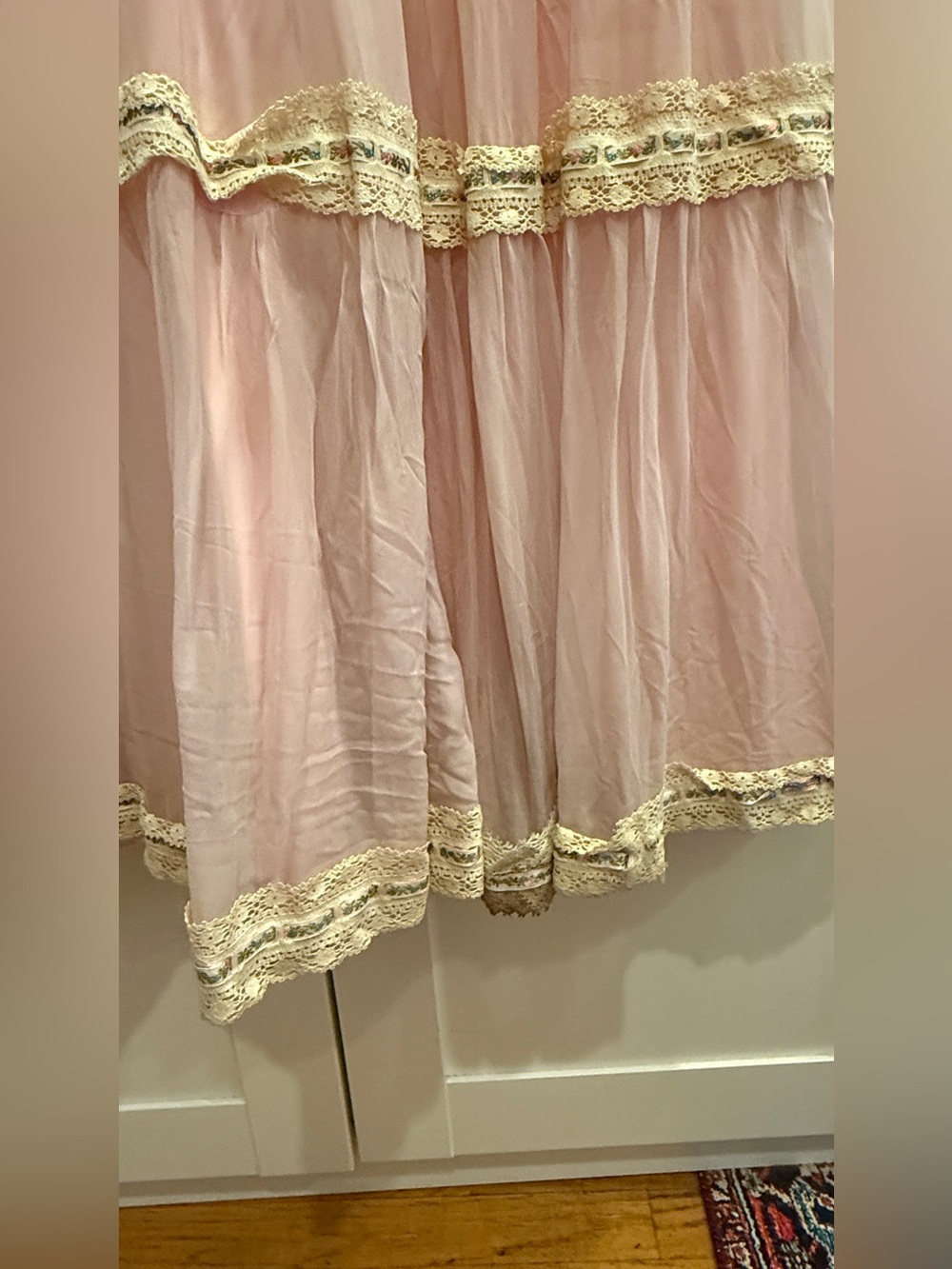 Vintage 1970s Pink Chiffon Prairie Maxi Dress Gown Ribbons Lace Trim XS S Boho - Picture 11 of 17
